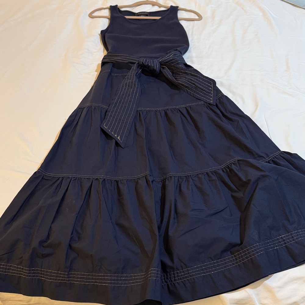 Tahari Navy Sleeveless Belted Maxi Dress with Tiered Skirt XS